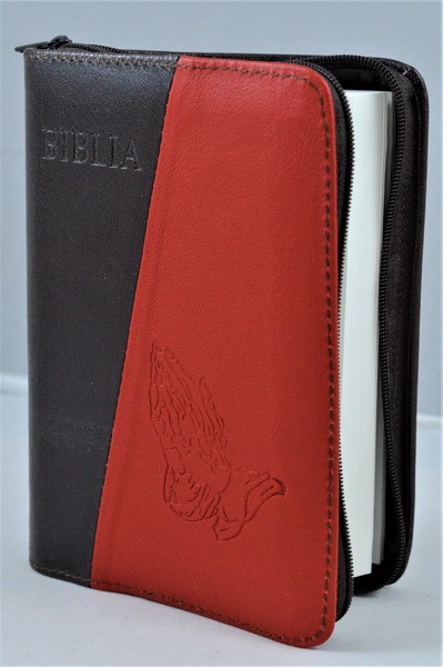 Biblie din piele, mica, maro inchis/rosu, fermoar, margini albe, simbolul maini in ruga, cuv. lui Isus in rosu [043 PF]