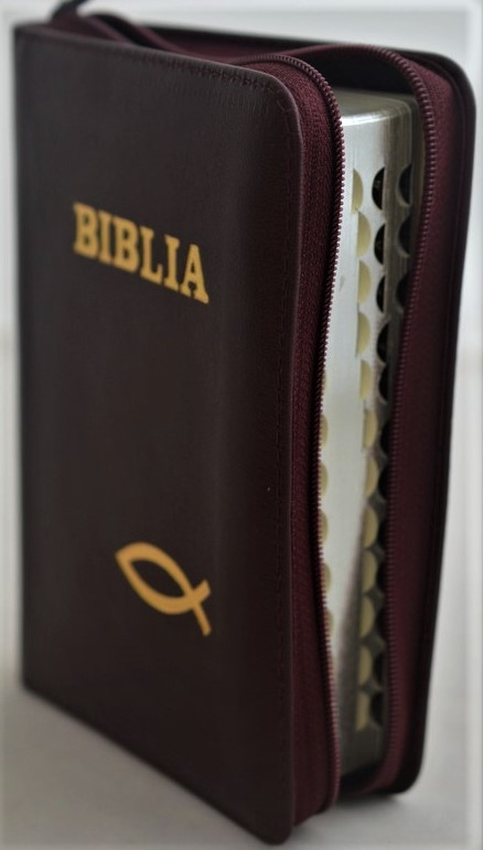Biblia format mic, din piele, culoare bordo inchis, index, fermoar, margini argintii, simbolul peste, cuv. lui Isus in rosu [047 PFI]