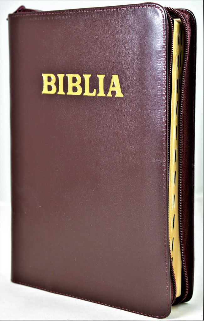 Biblia cu concordanta, foarte mare, scris foarte mare, piele, visiniu inchis, fermoar, index, simbol - simpla, cuv. lui Isus in rosu [083 PFI]