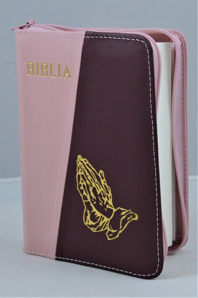 Biblie din piele, mica, roz pal/purpuriu, fermoar, margini albe, simbolul maini in ruga, cuv. lui Isus in rosu [043 PF]