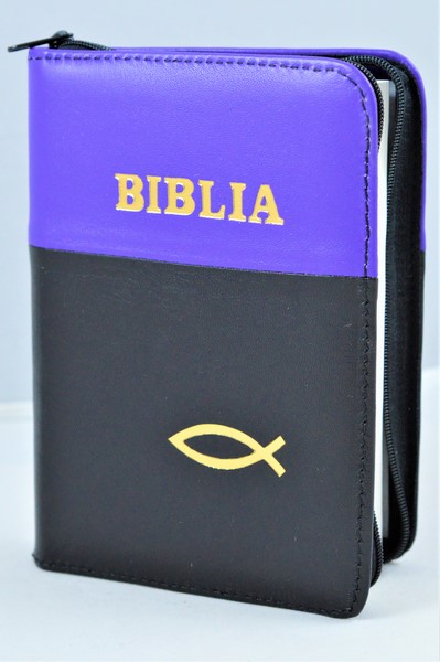 Biblie din piele, mica, mov/negru, fermoar, margini albe, simbolul peste, cuv. lui Isus in rosu [043 PF]