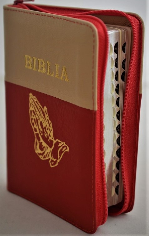 Biblia format mic, din piele, culoare crem-rosu, index, fermoar, margini argintii, simbolul maini, cuv. lui Isus in rosu [047 PFI]