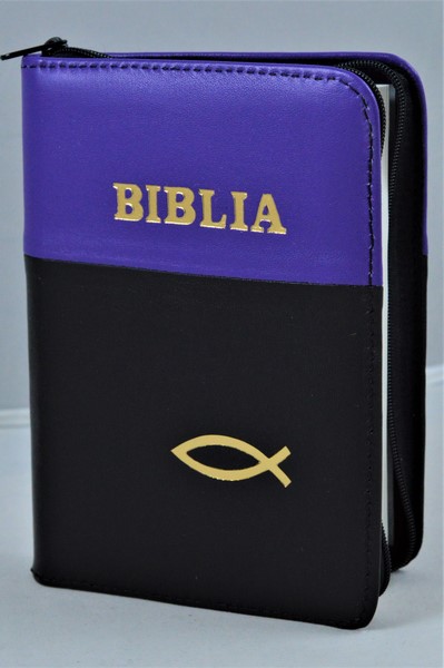 Biblie din piele, mica, mov inchis/negru, fermoar, margini albe, simbolul peste, cuv. lui Isus in rosu [043 PF]