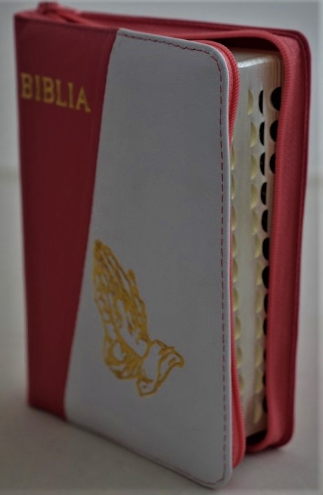 Biblia format mic, din piele, culoare roz-alb, index, fermoar, margini argintii,simbolul maini in ruga, cuv. lui Isus in rosu [047 PFI]