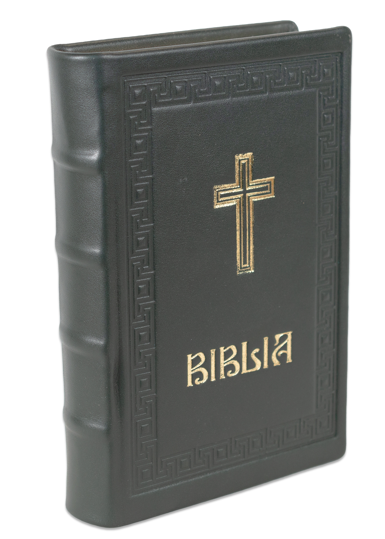 Biblia editie limitata, prelucrata manual, marime medie, gri-verzui inchis , margini aurii, index, simbol cruce , cuv. lui Isus cu rosu [057 HMI]