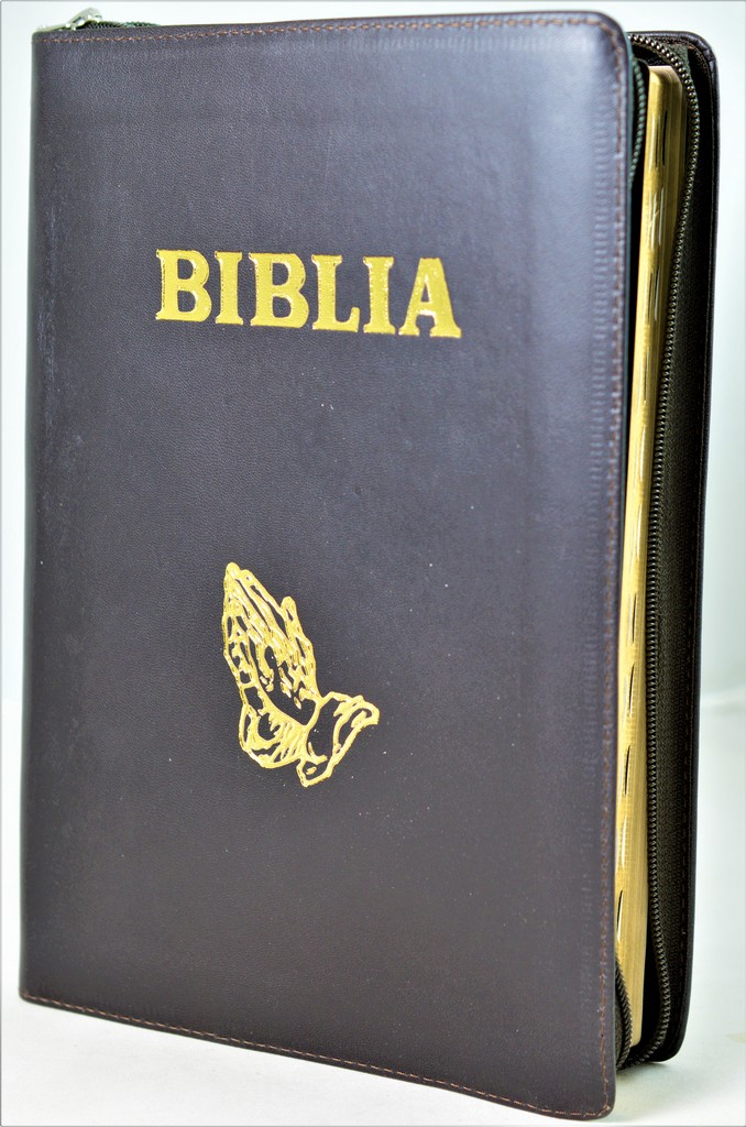 Biblia cu concordanta, foarte mare, scris foarte mare, piele, maro inchis, fermoar, index, simbol - maini, cuv. lui Isus in rosu [083 PFI]
