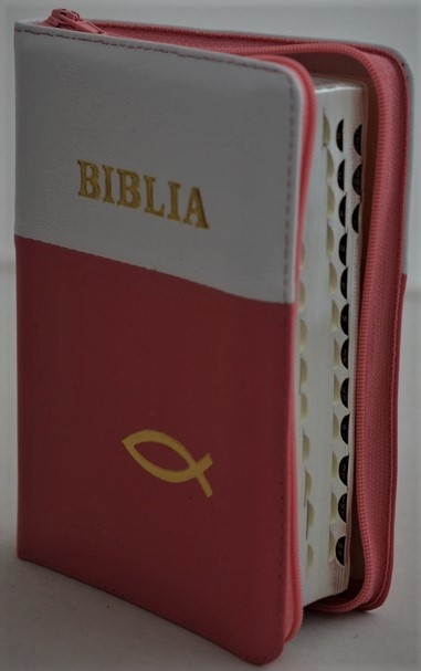Biblia format mic, din piele, culoare alb-roz inchis, index, fermoar, margini argintii, simbolul peste, cuv. lui Isus in rosu [047 PFI]