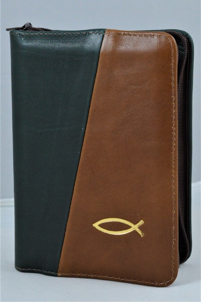 Biblie din piele, mica, maro inchis, fermoar, margini albe, simbolul peste, cuv. lui Isus in rosu [043 PF]