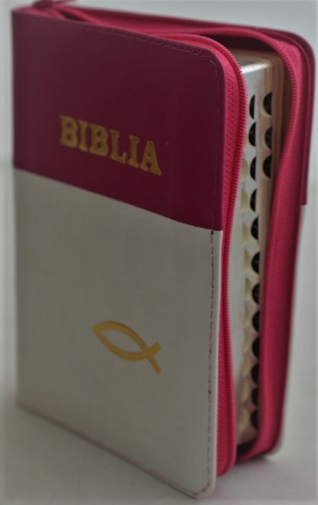 Biblia format mic, din piele, culoare roz bombon-alb, index, fermoar, margini argintii, simbolul peste, cuv. lui Isus in rosu [047 PFI]