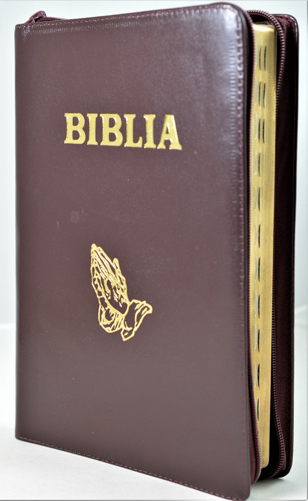 Biblia cu concordanta, foarte mare, scris foarte mare, piele, visiniu inchis, fermoar, index, simbol - maini, cuv. lui Isus in rosu [083 PFI]