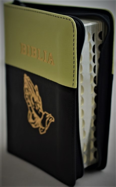 Biblia format mic, din piele, culoare verde deschis, index, fermoar, margini argintii, simbolul maini, cuv. lui Isus in rosu [047 PFI]