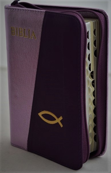 Biblia format mic, din piele, culoare mov sidef-mov inchis, index, fermoar, margini argintii, simbolul peste, cuv. lui Isus in rosu [047 PFI]