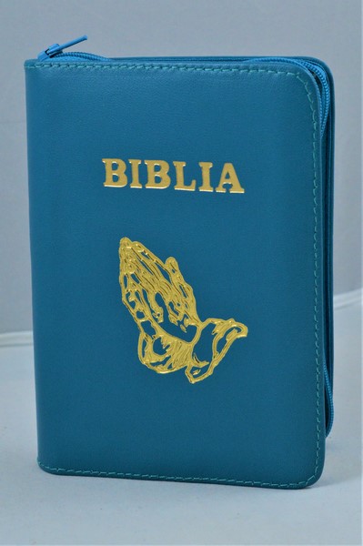 Biblie din piele, mica, turcoaz inchis, fermoar, margini albe, simbolul maini in ruga, cuv. lui Isus in rosu [043 PF]