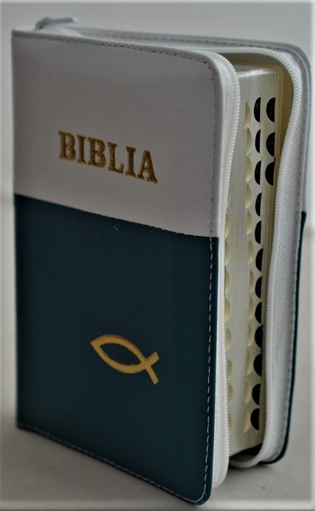 Biblia format mic, din piele, culoare alb-turcuaz, index, fermoar, margini argintii, simbolul peste, cuv. lui Isus in rosu [047 PFI]