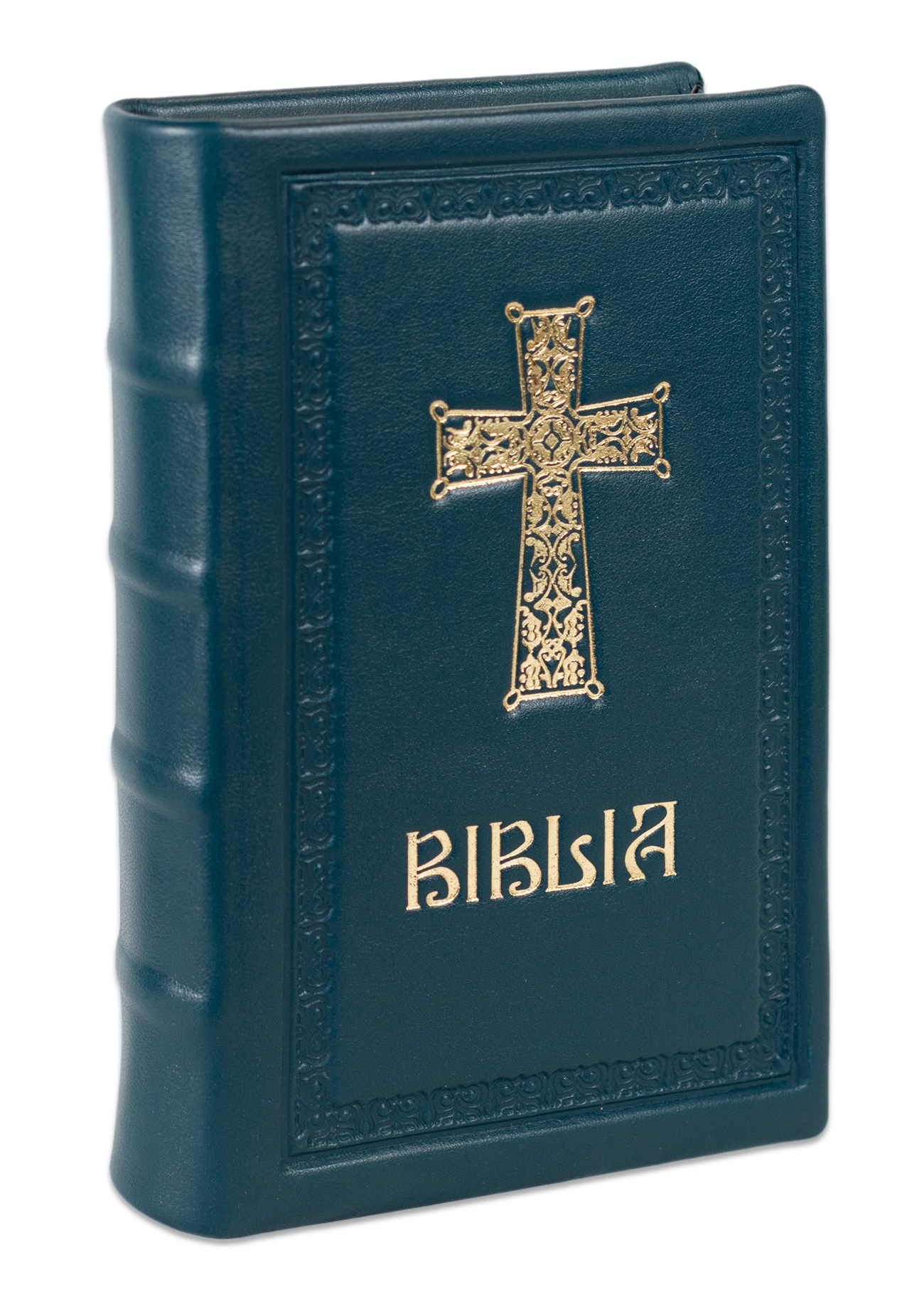 Biblia editie limitata, prelucrata manual, marime medie, verde inchis , margini aurii, index, simbol cruce , cuv. lui Isus cu rosu [057 HMI]