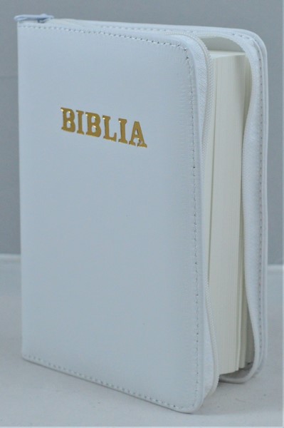 Biblie din piele, mica, alba, fermoar, margini albe, cuv. lui Isus in rosu [043 PF]