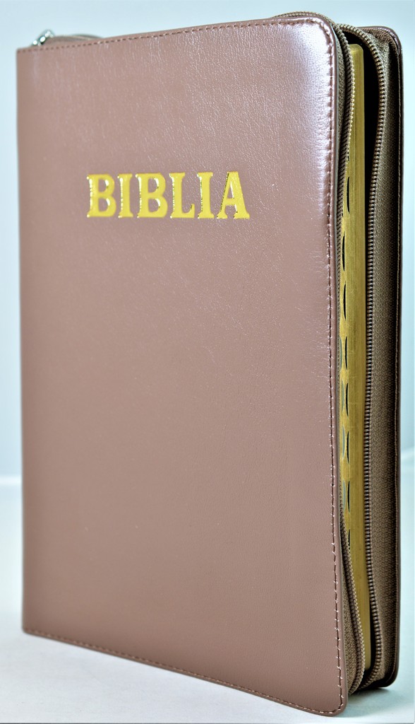 Biblia cu concordanta, foarte mare, scris foarte mare, piele, nuanta maro, fermoar, index, simbol - simpla, cuv. lui Isus in rosu [083 PFI]