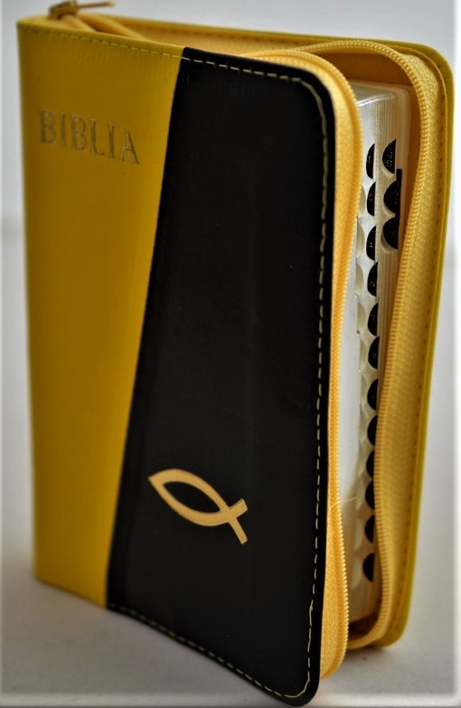 Biblia format mic, din piele, culoare galben -negru, index, fermoar, margini argintii, simbolul peste, cuv. lui Isus in rosu [047 PFI]