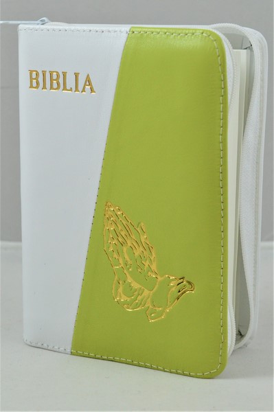 Biblie din piele, mica, alb/verde deschis, fermoar, margini albe, simbolul maini in ruga, cuv. lui Isus in rosu [043 PF]