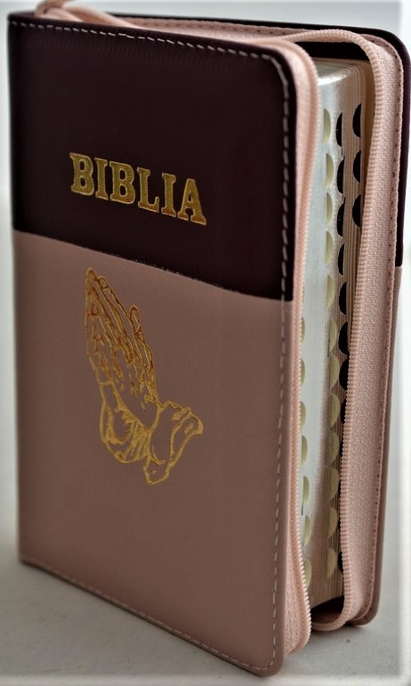 Biblia format mic, din piele, culoare visiniu crem, index, fermoar, margini argintii, simbolul maini, cuv. lui Isus in rosu [047 PFI]
