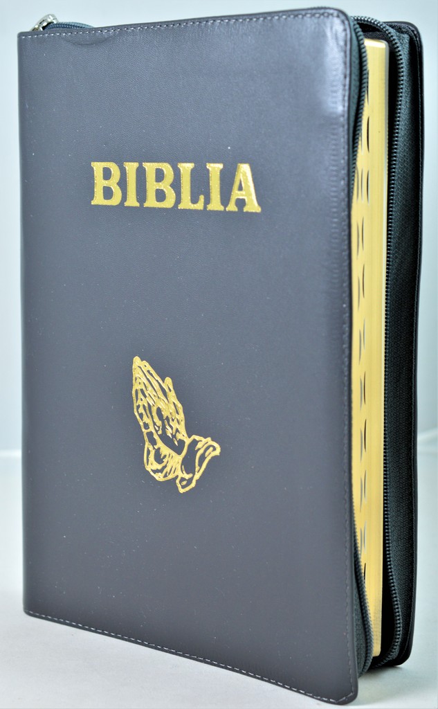 Biblia cu concordanta, foarte mare, scris foarte mare, piele, gri inchis, fermoar, index, simbol - maini, cuv. lui Isus in rosu [083 PFI]