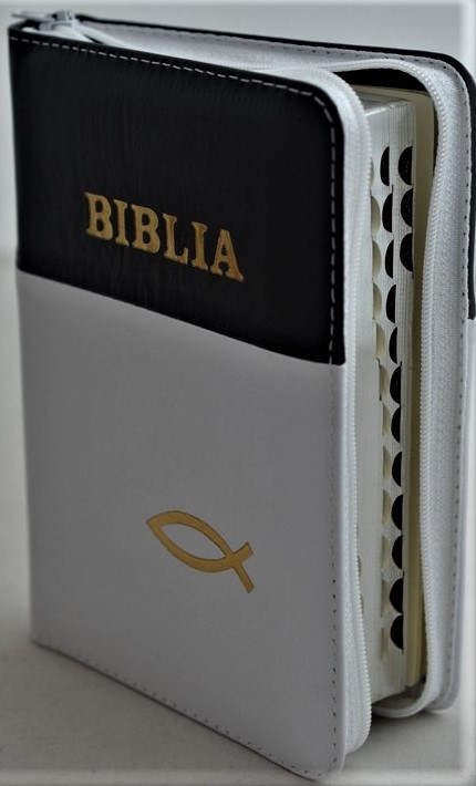 Biblia format mic, din piele, culoare negru-alb, index, fermoar, margini argintii, simbolul peste, cuv. lui Isus in rosu [047 PFI]