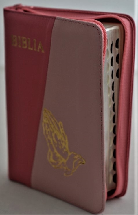 Biblia format mic, din piele, roz inchis-roz pal , index, fermoar, margini argintii,simbolul maini in ruga, cuv. lui Isus in rosu [047 PFI]