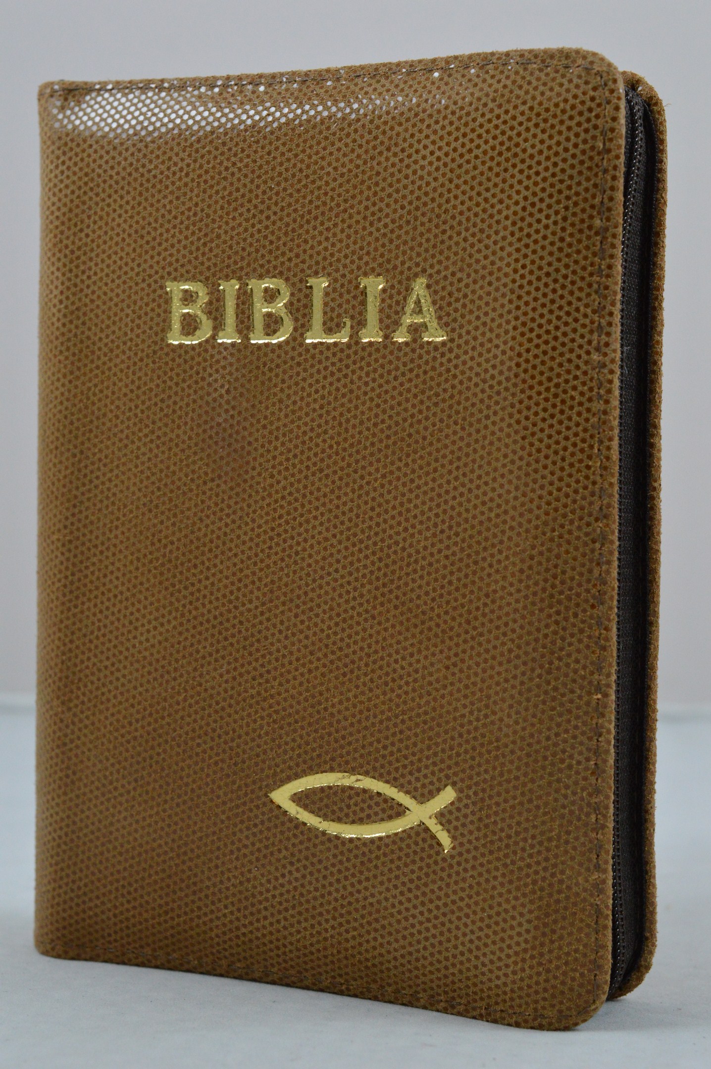 Biblie din piele, dimensiune, maro cu model , fermoar, simbol peste, cuv. lui Isus in rosu [043 A]