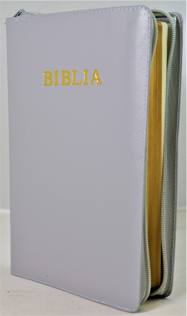 Biblia mare, din piele, culoare gri deschis, fermoar, margini aurii, simbol - simpla, cuv. lui Isus in rosu [ SB 073 PFR]