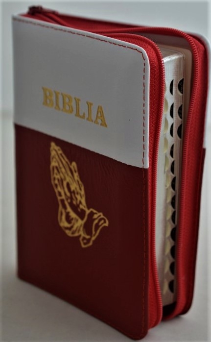 Biblia format mic, din piele, culoare alb-rosu, index, fermoar, margini argintii, simbolul maini, cuv. lui Isus in rosu [047 PFI]