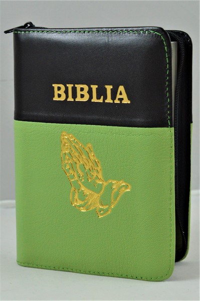 Biblie din piele, mica, negru/verde, fermoar, margini albe, simbolul maini in ruga, cuv. lui Isus in rosu [043 PF]