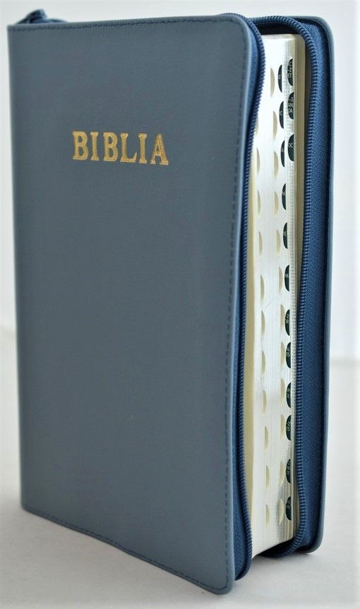 Biblie mare, piele, culoare albastru metalic, fermoar, index, margini argintii, simbol simpla, cuv. Isus cu rosu [SI 073 PFI]