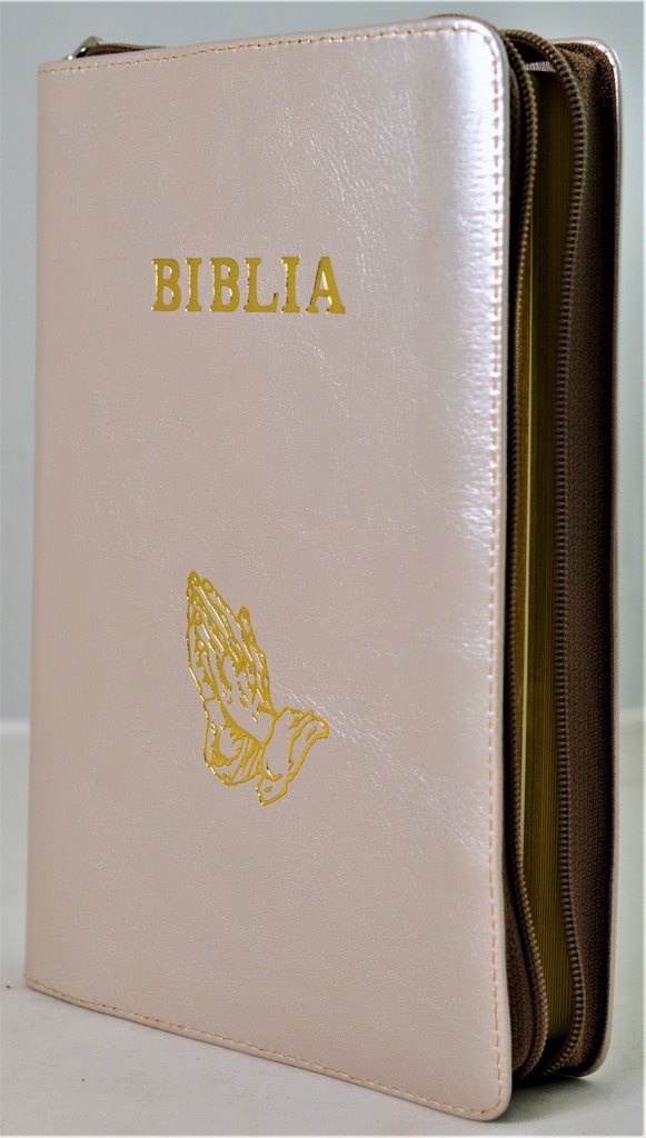 Biblia mare, din piele, culoare crem sidefat, fermoar, margini aurii, simbol - maini in ruga, cuv. lui Isus in rosu [ SB 073 PFR]