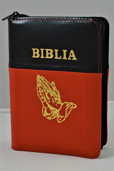 Biblie din piele, mica, negru/rosu, fermoar, margini albe, simbolul maini in ruga, cuv. lui Isus in rosu [043 PF]