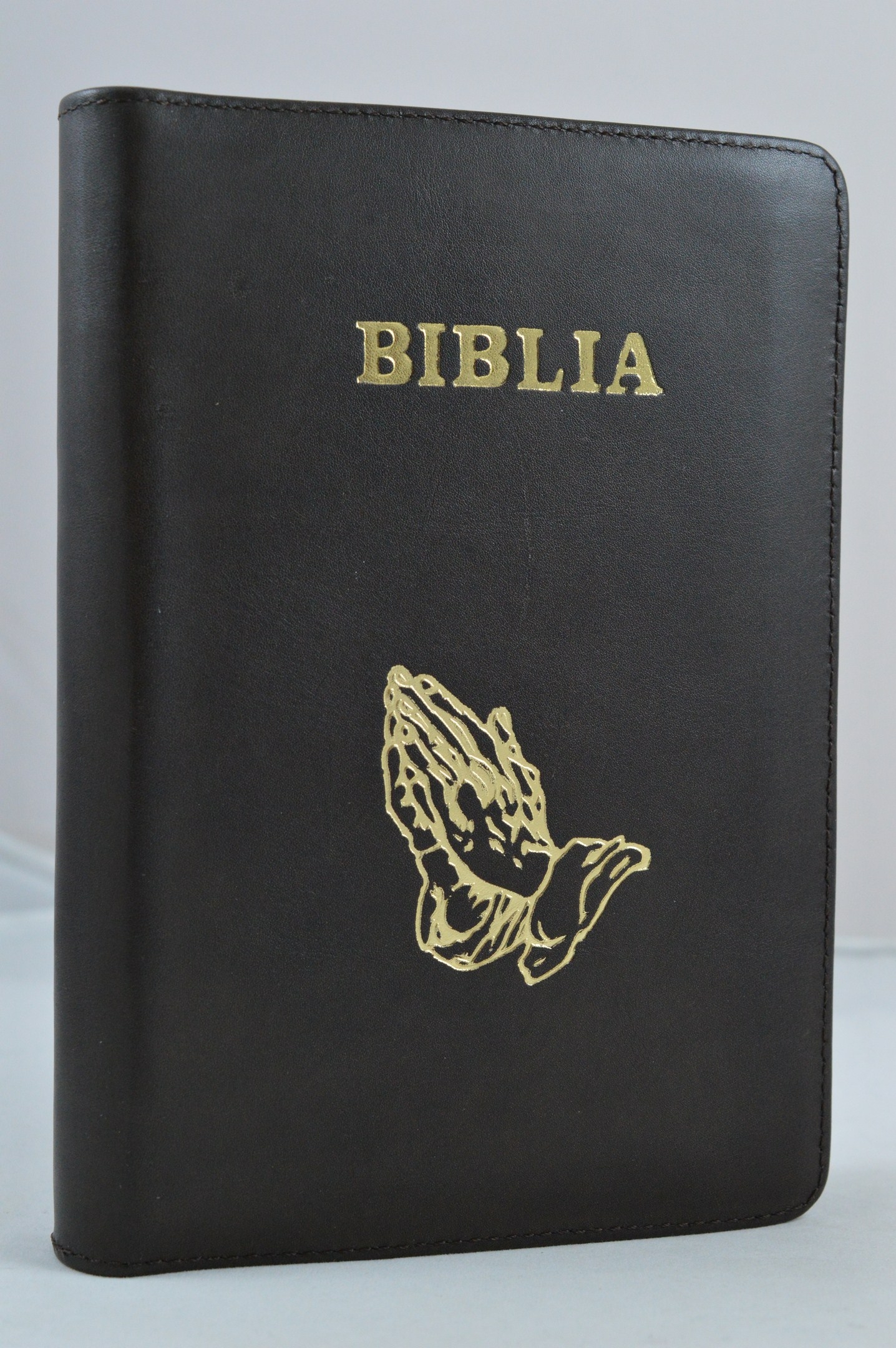 Biblie din piele, marime medie, culoare, verde kaki,  fermoar, margini albe, simbol maini in rugaciune, cuv. lui Isus cu rosu [053]