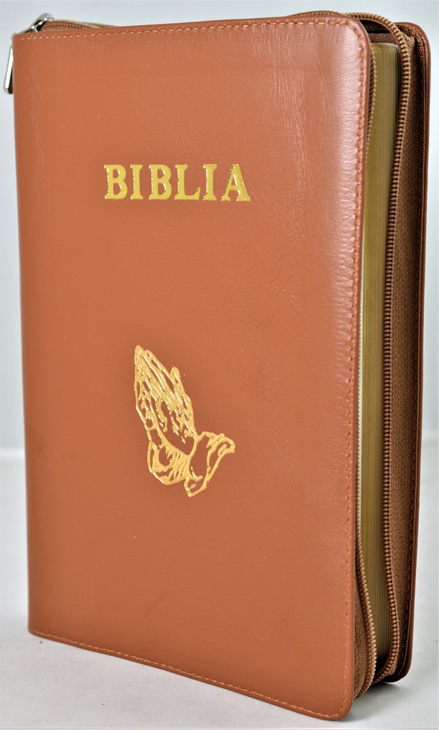 Biblia mare, din piele, culoare maro, fermoar, margini aurii, simbol - maini in ruga, cuv. lui Isus in rosu [ SB 073 PFR]
