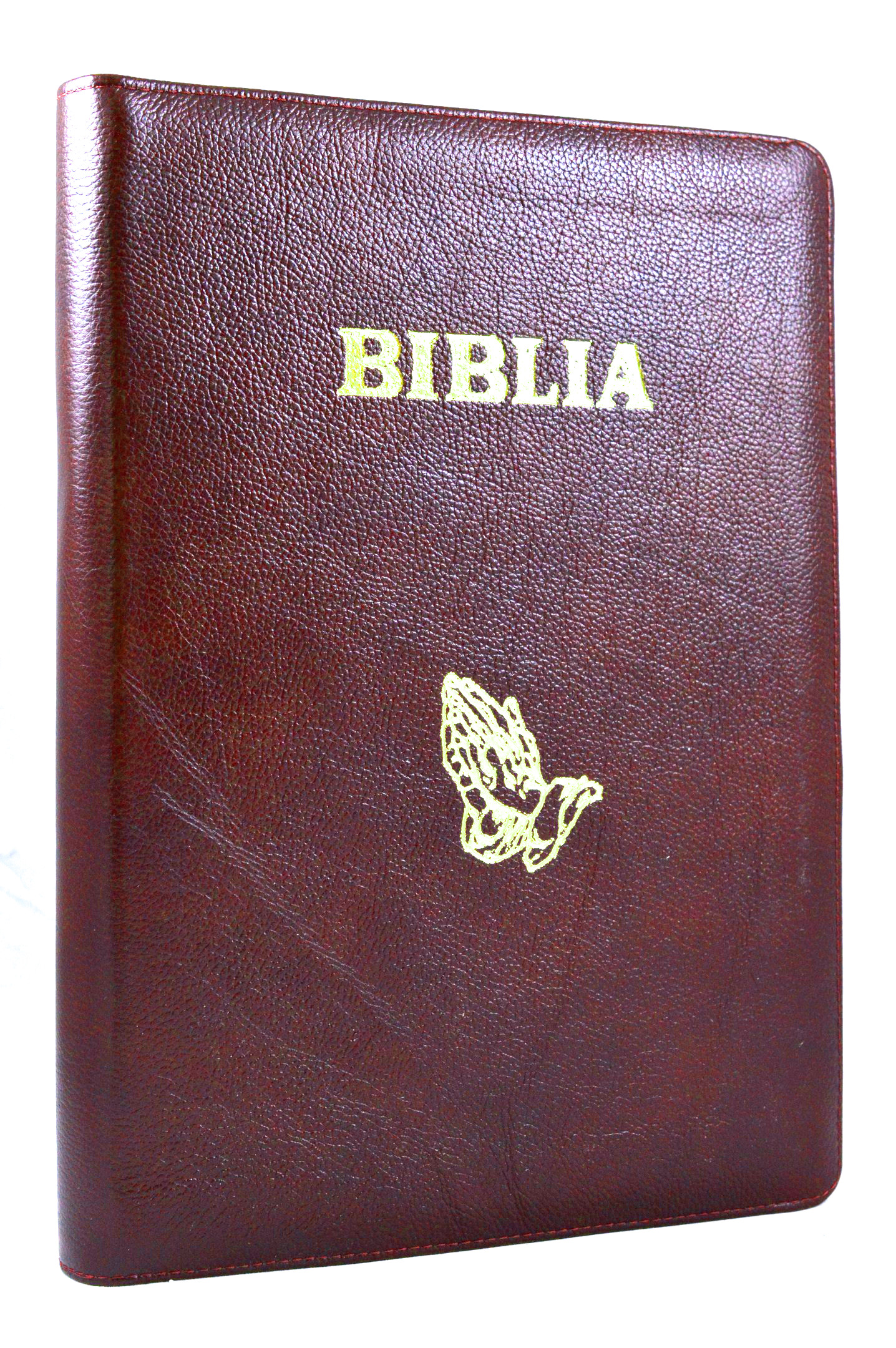 Biblia foarte mare, scris foarte mare, piele, fermoar, culoare visinie, cu maini in ruga [093 PF]