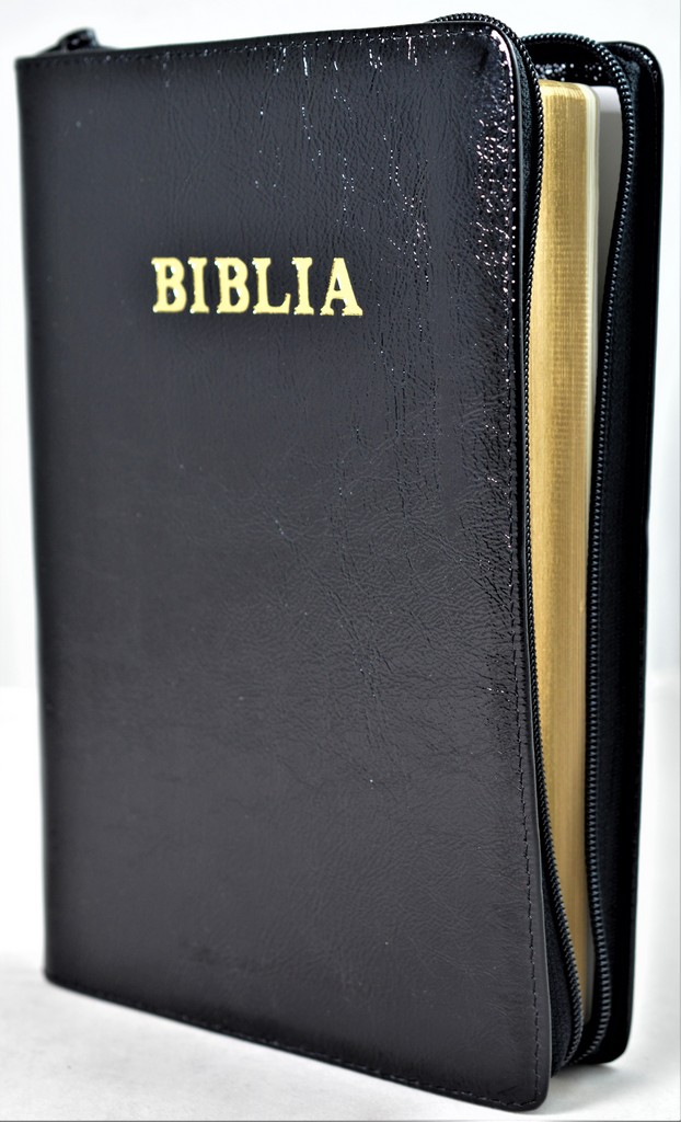 Biblia mare, din piele, culoare negru lacuit, fermoar, margini aurii, simbol - simpla, cuv. lui Isus in rosu [ SB 073 PFR]