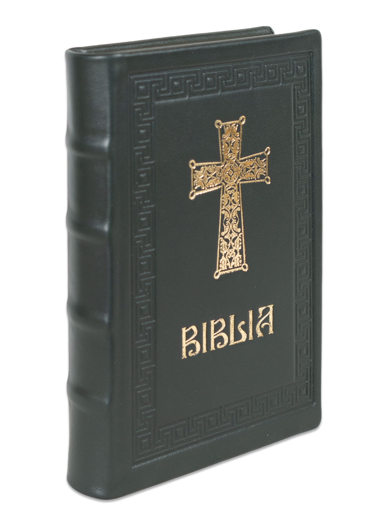 Biblia editie limitata, prelucrata manual, marime medie, gri-verzui inchis , margini aurii, index, simbol cruce , cuv. lui Isus cu rosu [057 HMI]