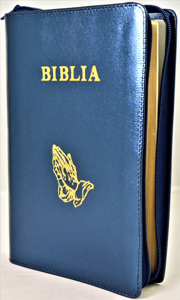 Biblia mare, din piele, culoare bleumarin sidefat, fermoar, margini aurii, simbol - maini in ruga, cuv. lui Isus in rosu [ SB 073 PFR]