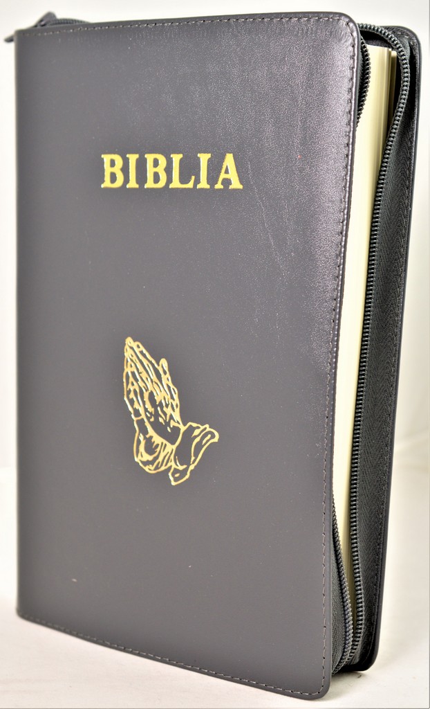 Biblia mare, coperta piele, culoare gri inchis, fermoar, simbol maini [VS 073 PF]