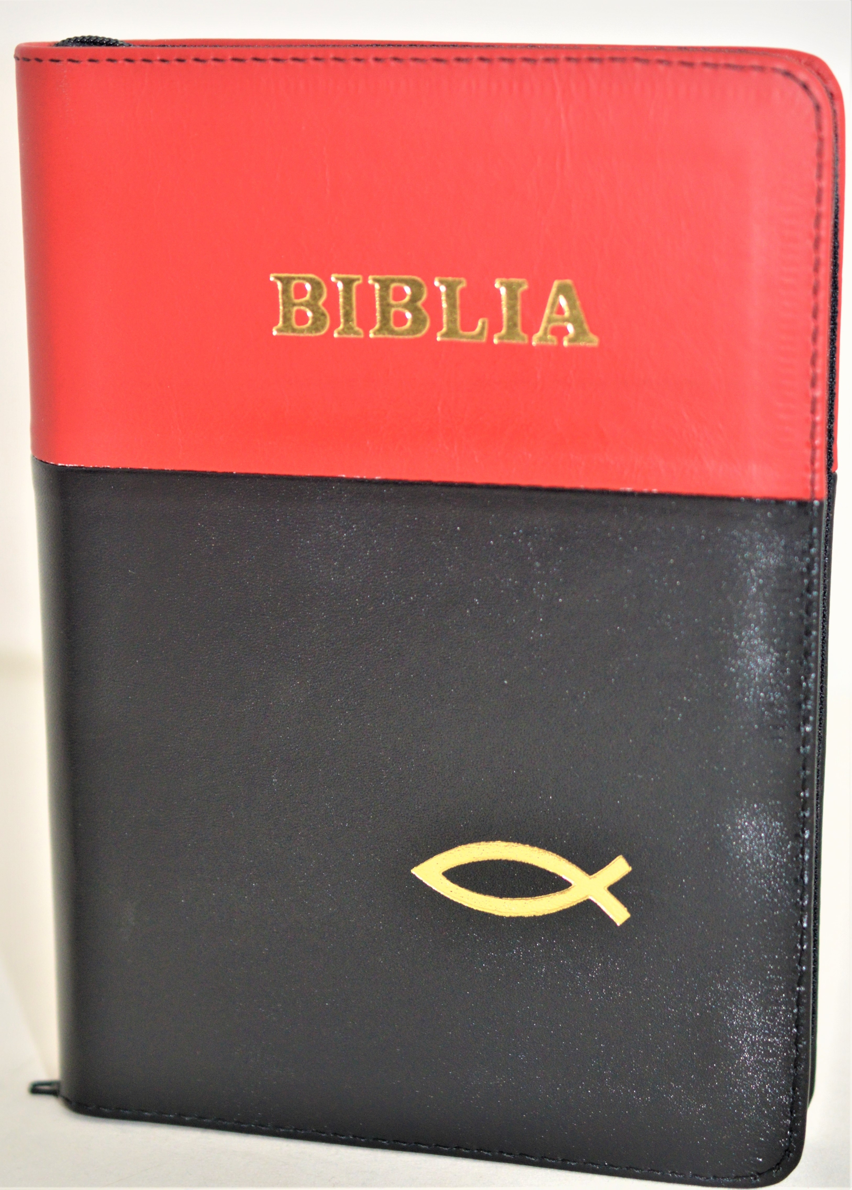 Biblie marime mica, piele,culoare rosu cu negru, index, fermoar, margini aurii, cuv. lui Isus in rosu,simbol peste [047 PFI]
