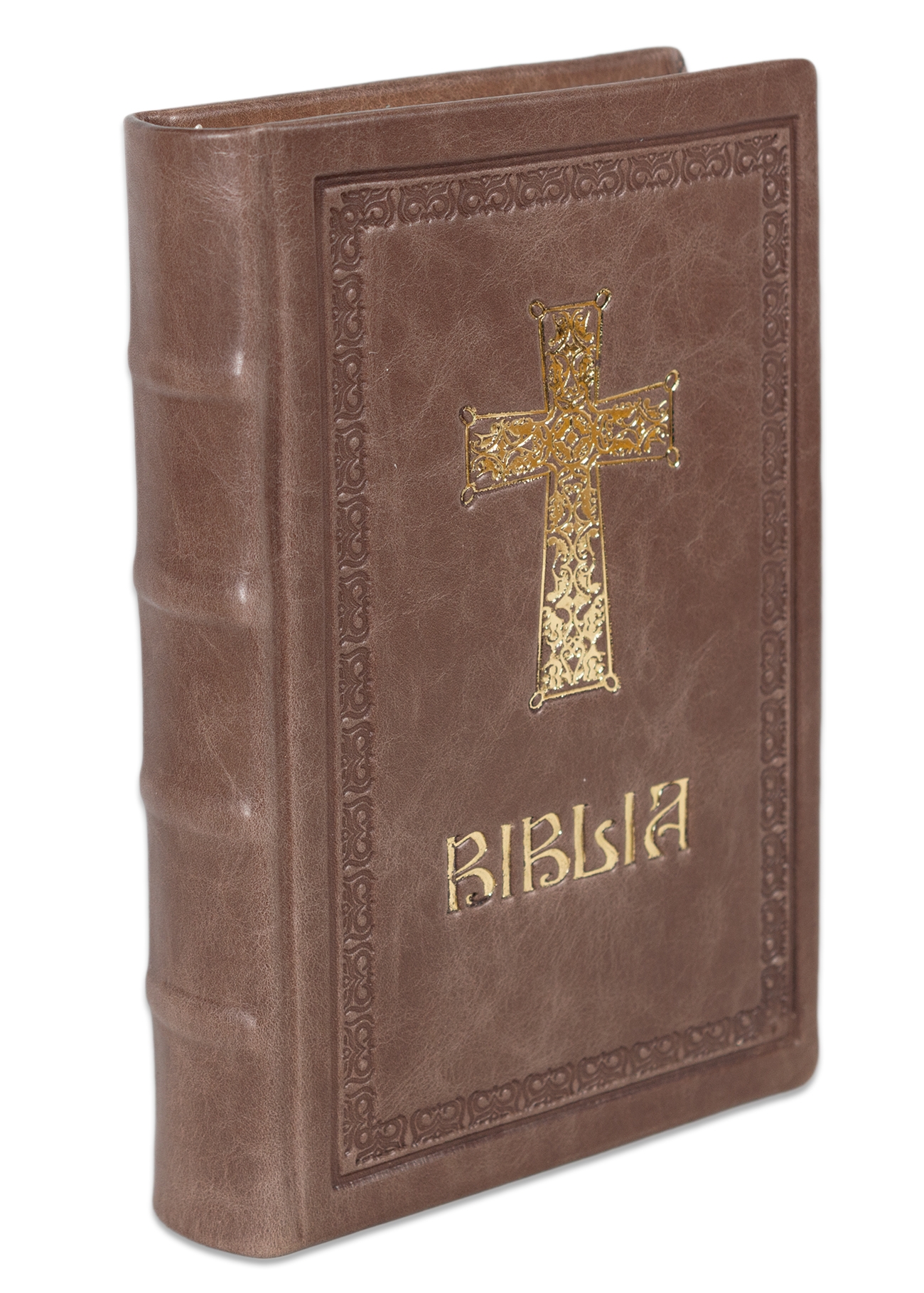 Biblia editie limitata, prelucrata manual, marime medie, maro deschis , margini aurii, index, simbol cruce , cuv. lui Isus cu rosu [057 HMI]