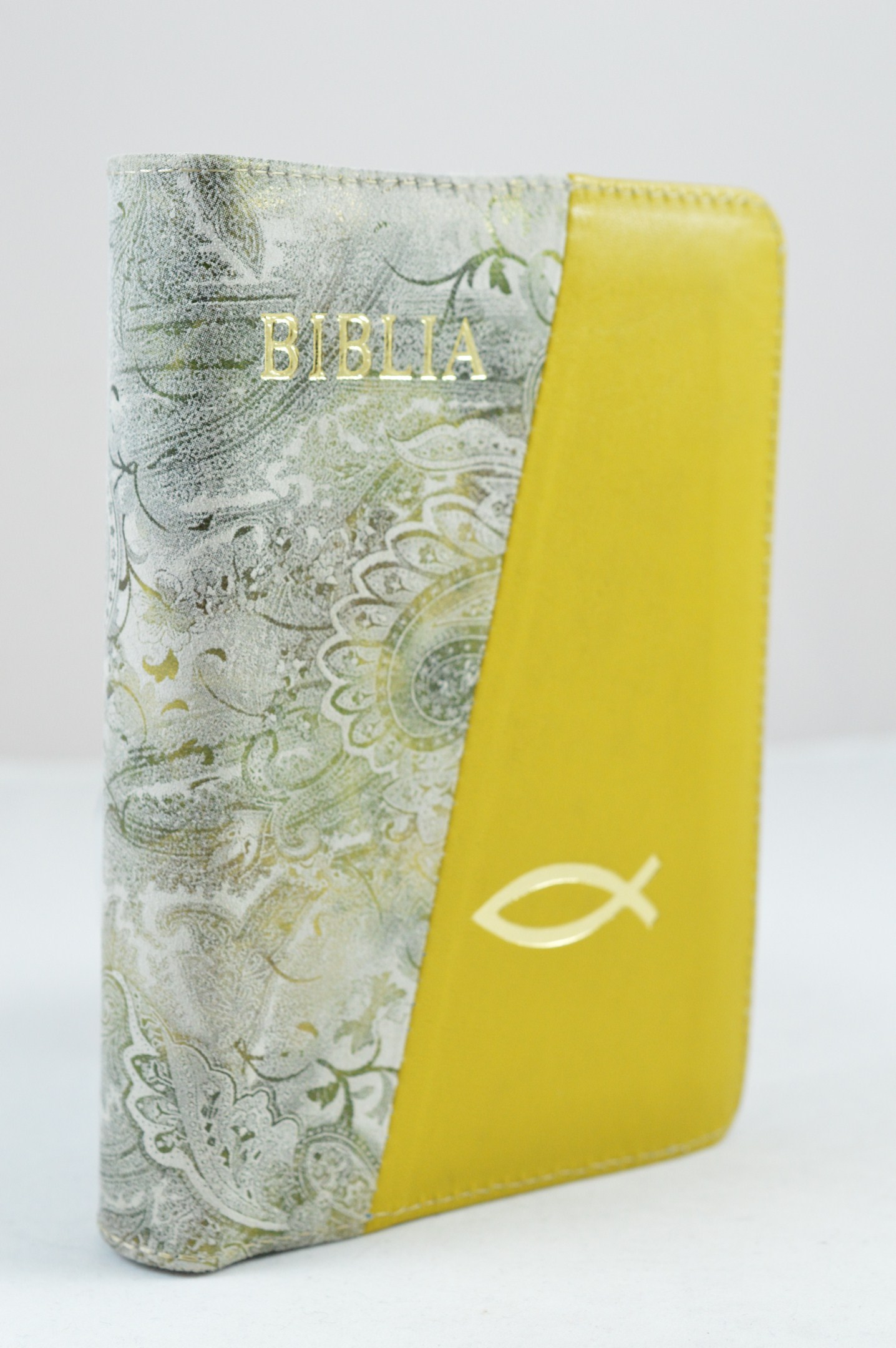 Biblie din piele, dimensiune mica, galben cu model floral gri-auriu, fermoar, simbol peste, cuv. lui Isus in rosu [043 A]