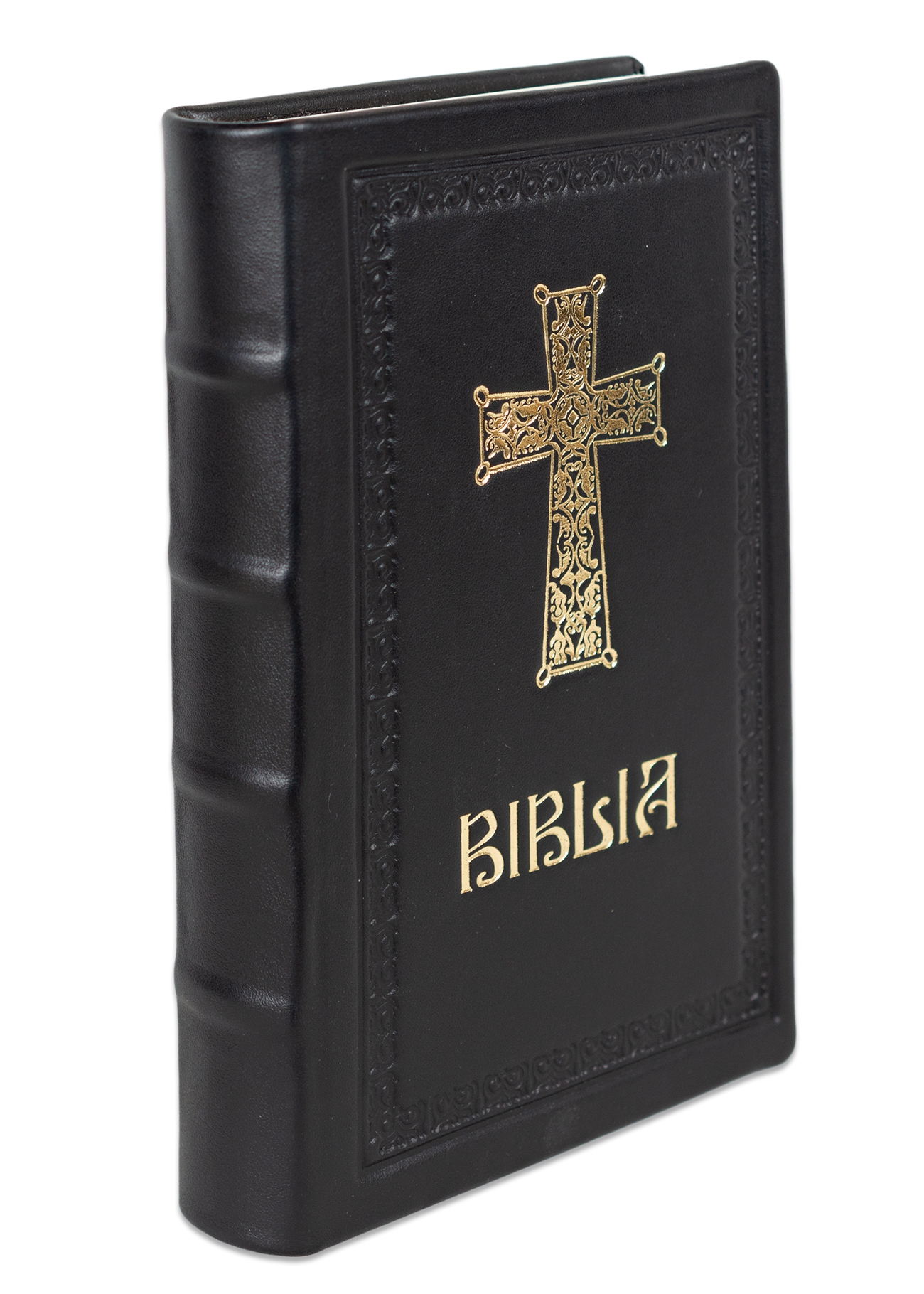 Biblia editie limitata, prelucrata manual, marime medie, neagra , margini aurii, index, simbol cruce, cuv. lui Isus cu rosu [057 HMI]