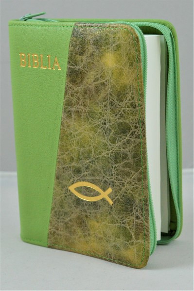 Biblie din piele, mica, verde/nuante de toamna, fermoar, margini albe, simbolul peste, cuv. lui Isus in rosu [043 PF]