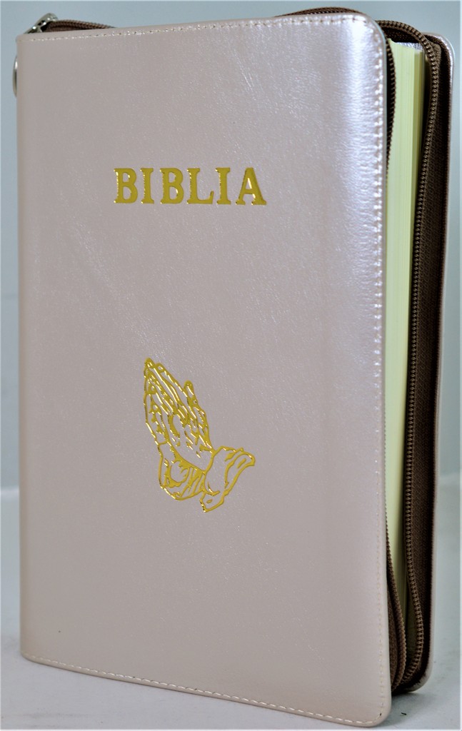 Biblia mare, coperta piele, culoare crem sidefat, fermoar, simbol maini [VS 073 PF]