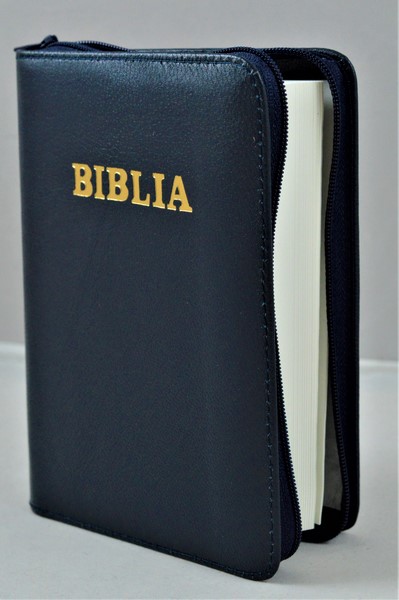 Biblie din piele, mica, bleumarin inchis, fermoar, margini albe, cuv. lui Isus in rosu [043 PF]