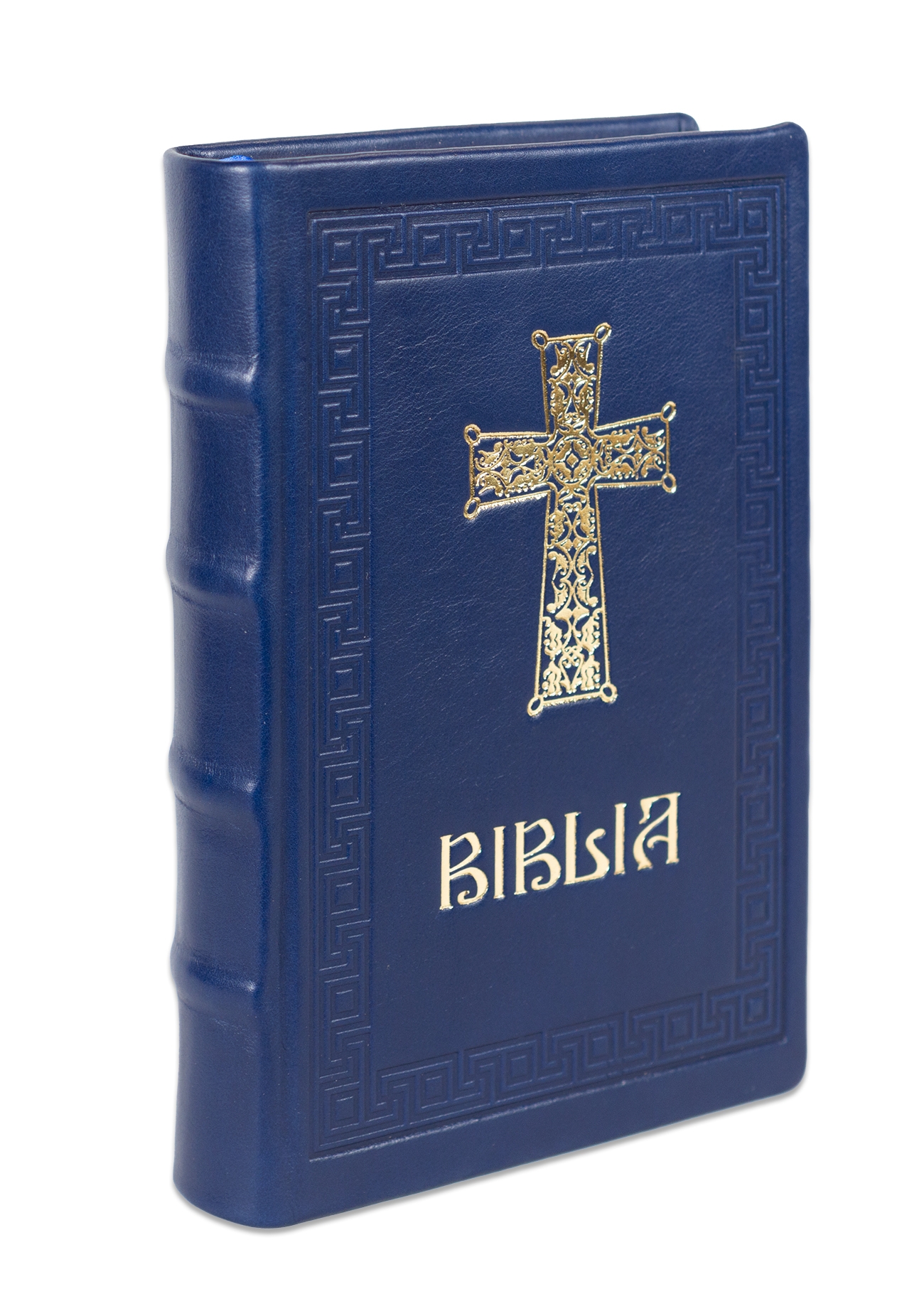 Biblia editie limitata, prelucrata manual, marime medie, bleumarin inchis , margini aurii, index, simbol cruce , cuv. lui Isus cu rosu [057 HMI]