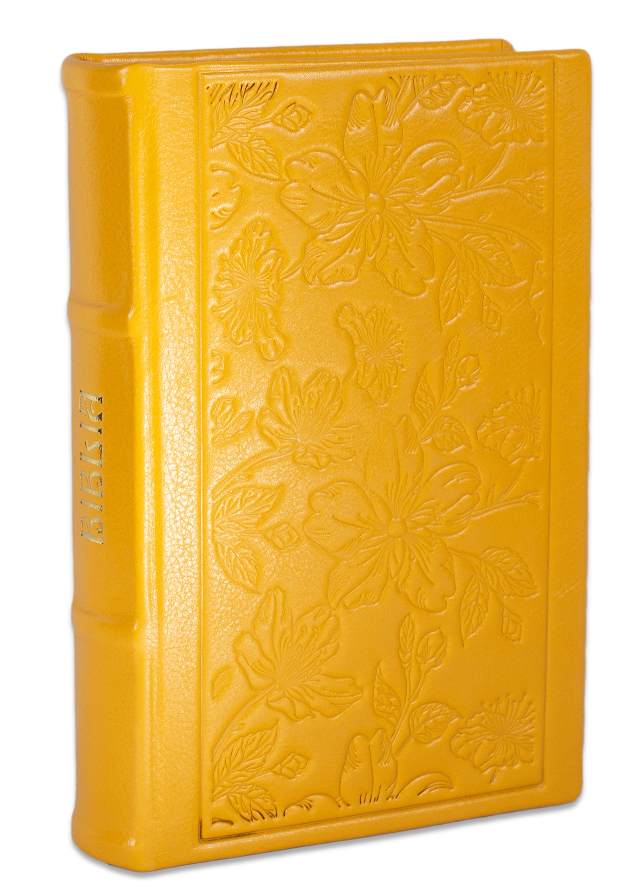 Biblia editie limitata, prelucrata manual, marime medie, galbena , margini aurii, index, model floral , cuv. lui Isus cu rosu [057 HMI]